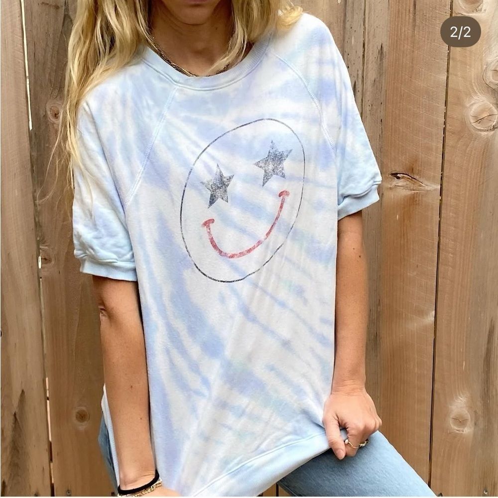 David Lerner Light Blue tie dyed Smiley Face  Tee
